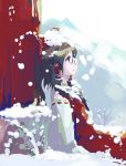  1girl brown_eyes brown_hair female hakurei_reimu perfect_cherry_blossom short_hair sitting snow snowing solo takanashi_akihito touhou 