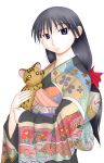  1girl azumanga_daioh black_hair cat empty_eyes floral_print japanese_clothes long_sleeves maya_(azumanga) mayaa o_o sakaki simple_background smile solo violet_eyes white_background yamamaya 