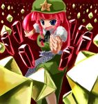  1girl blue_eyes bow braid china_dress chinese_clothes chop crystal dress female hair_bow hat hong_meiling long_hair lowres open_mouth pink_hair shatter solo star touhou twin_braids 