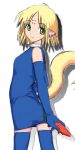  00s 1girl ahoge blonde_hair detached_sleeves earrings hooves horse_tail jewelry nanako nanako_(melty_blood) pointy_ears short_hair solo tail thigh-highs tsukihime 