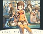  00s 1boy 2006 3girls bird breasts brown_eyes brown_hair cleavage duck from_behind hug leaning_forward looking_back multiple_girls new_year original short_hair shorts sitting small_breasts smile syzluna thigh-highs tougetsu_gou zettai_ryouiki 