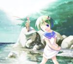  1boy 1girl :d blue_eyes fish fishing green_hair grey_hair kito_(sorahate) nature one_eye_closed open_mouth original short_hair smile 