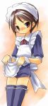  1boy apron bow brown_eyes brown_hair child copyright_request crossdressinging maid maid_apron male_focus shorts solo tatata thigh-highs 