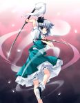  1girl :o aqua_eyes bangs bloomers blush bobby_socks body_blush bow bowtie cherry_blossoms dancing dual_wielding female from_behind glint gradient gradient_background hitodama katana konpaku_youmu konpaku_youmu_(ghost) looking_at_viewer looking_back petals petenshi_(dr._vermilion) pink_background purple_background shiny shiny_hair shiny_skin shoes silver_hair skirt skirt_set socks solo sword touhou underwear vest weapon white_background white_legwear 