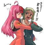  2girls ahoge blonde_hair blush bodysuit closed_eyes dark_skin embarrassed lal&#039;c_mellk_mal long_hair lowres multiple_girls nono_(top_wo_nerae_2!) pink_hair square-a-meters sweat top_wo_nerae_2! yuri 