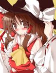  ! 1girl ascot blush bow brown_eyes brown_hair detached_sleeves female hair_bow hair_tubes hakurei_reimu hat imperishable_night japanese_clothes long_hair miko solo touhou witch_hat 