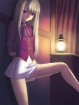  1girl against_wall blonde_hair blouse curtains fate/stay_night fate_(series) flat_chest illyasviel_von_einzbern lantern leg_lift long_hair miniskirt night panties pantyshot pantyshot_(standing) red_eyes skirt solo standing underwear upskirt white_panties 