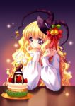  00s 2girls ^_^ blonde_hair cake carnelian chin_rest closed_eyes eyes food fruit hat highres kogechibi light_smile lilith_(yamibou) long_hair looking_at_viewer multiple_girls pastry smile strawberry sweatdrop very_long_hair violet_eyes wavy_hair witch_hat yami_to_boushi_to_hon_no_tabibito 