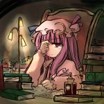  1girl blush book book_stack chair crescent desk expressionless female hat lamp library long_hair lowres mizumoto_tadashi no_nose patchouli_knowledge purple_hair solo touhou violet_eyes voile 
