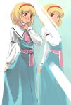  1girl alice_margatroid aqua_background ascot blonde_hair blue_dress brown_eyes dress female frown hairband mirror reflection short_hair solo touhou yuu_(kfc) 