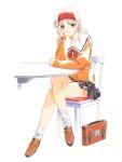  1girl 90s blonde_hair chair endou_akira kai_tomohisa loose_socks school_uniform sentimental_graffiti sitting socks solo table 