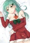  1girl alternate_costume aqua_hair arm_warmers bare_shoulders breasts chiune_(yachi) christmas_tree_hair_ornament cleavage confetti detached_collar dress eyebrows_visible_through_hair green_eyes kantai_collection large_breasts long_hair looking_at_viewer lying on_back on_bed open_mouth red_dress sleeves_past_wrists solo strapless strapless_dress suzuya_(kantai_collection) 