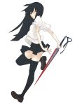  1girl arms_behind_back black_legwear from_behind holding holding_sword holding_weapon jiyu2 legs long_hair looking_at_viewer looking_back original red_eyes simple_background skinny solo sword thigh-highs weapon white_background 