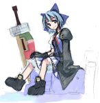  1girl advent_cirno blue_eyes blue_hair bow cirno coat female final_fantasy final_fantasy_vii final_fantasy_vii_advent_children hair_ribbon parody ribbon shoes short_hair sitting smile solo sword touhou weapon white_background 
