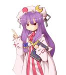 1girl book cappccino crescent crescent_moon dress female hair_ribbon hat mob_cap moon patchouli_knowledge pointing purple_hair ribbon simple_background solo striped striped_dress touhou vertical_stripes 