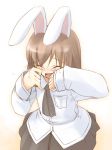  1girl animal_ears ascot brown_hair closed_eyes crying dress_shirt jirou_(chekoro) long_sleeves open_mouth rabbit_ears shirt simple_background skirt sleeves_past_wrists solo tears white_shirt wiping_tears 