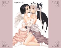  2girls angel angel_and_devil angel_wings black_hair bow breast_press breasts choker cleavage demon demon_girl demon_wings devil footwear frills grey_eyes hair_ribbon kneeling long_hair looking_at_viewer multiple_girls panties pantyshot pantyshot_(kneeling) pink_eyes ribbon short_hair socks symmetrical_docking tanaka_takayuki tongue twintails underwear wallpaper white_hair white_panties wings yuri 