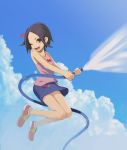  1girl black_hair clouds gunpom hose jumping kaminogi_haruka no_socks noein one_eye_closed original red_eyes shoes short_hair skirt sky sneakers solo tank_top water wink 