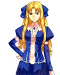  1girl blonde_hair blue_dress bow brown_eyes dress drill_hair fate/hollow_ataraxia fate/stay_night fate_(series) hair_bow hand_on_hip lace lace-trimmed_dress long_hair looking_at_viewer luviagelita_edelfelt simple_background sketch solo white_background yu_65026 
