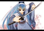  1girl blood blue_hair japanese_clothes jirou_(chekoro) katana letterboxed maid maid_headdress original ponytail solo sword weapon 