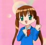  &gt;_&lt; 00s animated animated_gif brown_hair closed_eyes green_eyes happy long_hair lowres nakayama_chinatsu open_mouth school_uniform sensei_no_ojikan serafuku smile twintails xd 