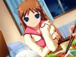  1girl blue_eyes bowl brown_hair chopsticks curtains food game_cg hair_ornament kawata_hisashi long_hair looking_at_viewer rice routes smile solo window yuasa_satsuki 