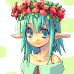  1girl crown elf flower green_eyes green_hair hair_flower hair_ornament hat head_wreath lowres musumi_renga pointy_ears short_hair solo 