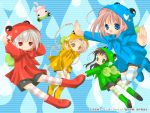  00s 4girls animal_costume binzume_yousei black_hair blue_eyes boots bottle_fairy braid chiriri floating footwear frog_costume green_boots green_eyes hororo kururu kururu_(bottle_fairy) lily_pad multiple_girls oboro_(binzume_yousei) oboro_(bottle_fairy) official_art pink_hair pointy_ears raincoat red_eyes sarara shorts silver_hair socks striped striped_background striped_legwear tokumi_yuiko wallpaper water yellow_eyes 