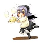  00s 1girl :o apron black_wings blush cake carrying food full_body hair_between_eyes heart long_sleeves lowres open_mouth plate pocket rozen_maiden short_hair silver_hair solo suigintou tripping violet_eyes wings 