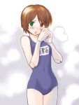  00s 1girl blush brown_hair doll_joints heterochromia name_tag one-piece_swimsuit open_mouth rozen_maiden school_swimsuit short_hair solo souseiseki swimsuit 