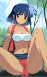  1girl 90s armband bandeau bandeau_bikini blue_eyes blue_hair breasts cleavage dark_skin earrings fushigi_no_umi_no_nadia jewelry loincloth midriff nadia pelvic_curtain short_hair sikorsky solo strapless tubetop vest 