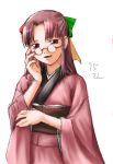  1girl 95-tan :d brown_eyes brown_hair exif_thumbnail_surprise female glasses head_tilt japanese_clothes kimono long_hair looking_at_viewer open_mouth os-tan simple_background sketch smile solo standing traditional_clothes upper_body white_background wide_sleeves 