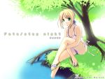  1girl blonde_hair fate/stay_night fate_(series) feet_in_water grass green_eyes leg_hug naruse_hirofumi saber sandals single_shoe sitting soaking_feet solo swimsuit swimsuit_under_clothes tree under_tree wallpaper water 