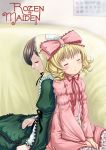  00s 2girls :o back-to-back bangs blonde_hair blush bow brown_hair copyright_name couch dress frills green_dress hat hat_bow head_scarf hina_ichigo long_sleeves multiple_girls parted_lips pillow pink_bow pink_dress rozen_maiden short_hair sleeping sleeping_upright straightchromia suiseiseki 