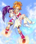  2girls boots brown_eyes brown_hair carrying cure_bloom cure_egret earrings flying futari_wa_precure_splash_star hyuuga_saki jewelry knee_boots long_hair magical_girl mishou_mai multiple_girls pink_boots precure princess_carry purple_hair short_hair shorts_under_skirt violet_eyes white_boots 