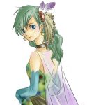  1girl aqua_eyes cape choker earrings feathers final_fantasy final_fantasy_iv gloves green_hair hair_ornament jewelry long_hair looking_at_viewer looking_back lowres rydia see-through simple_background solo star star_earrings white_background 