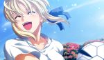  1girl :d :o ball blonde_hair casual closed_eyes fate/stay_night fate_(series) flower happy open_mouth roteiro saber sky smile soccer soccer_ball solo sport type-moon 