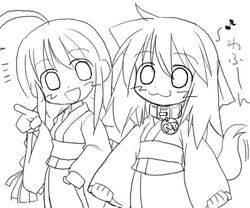  2girls ahoge braid chibi fox_tail inu-t japanese_clothes me-tan monochrome multiple_girls musical_note os-tan quaver tail 