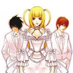  1girl 2boys amane_misa bags_under_eyes black_hair blonde_hair brown_eyes brown_hair choker death_note dress formal frills l_(death_note) long_hair lowres multiple_boys necktie smile suit white_dress white_suit yagami_light 