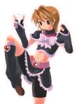  00s 1girl arm_warmers belt bike_shorts black_boots boots brown_eyes brown_hair cure_black fingerless_gloves futari_wa_precure heart magical_girl midriff misumi_nagisa precure shorts solo stirrup_legwear 