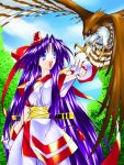  1girl :d bird blue_eyes bow hawk long_hair mamahaha nakoruru open_mouth purple_hair red_bow samurai_spirits smile solo very_long_hair 