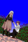  1boy 1girl blue_eyes boots choker closed_eyes couple dress flower garden grey_hair hand_holding kneeling knife leaf long_hair one_knee pants red_rose rose shoes 