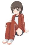  1girl brown_eyes brown_hair buruma double_vertical_stripe gym_uniform jacket natori_(natorism) open_clothes open_jacket original pants_pull pulled_by_self short_hair sitting solo track_suit undressing 
