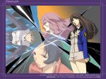  00s 1boy 3girls black_hair brown_hair earrings headband jewelry kamina_ayato kisaragi_quon long_hair mishima_reika multiple_girls pencil_skirt pink_hair rahxephon shitou_haruka short_hair skirt uniform wallpaper 