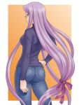  1girl ass denim fate/stay_night fate_(series) glasses hand_on_hip hida_tatsuo hips jeans long_hair looking_back low-tied_long_hair pants purple_hair rider solo tied_hair very_long_hair 