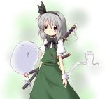  1girl blue_eyes bow cappccino dress female flower green green_background green_dress grey_hair konpaku_youmu konpaku_youmu_(ghost) puffy_sleeves ribbon scabbard sheath short_hair solo touhou wrist_cuffs 