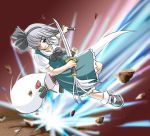  1girl action dual_wielding eyebrows eyebrows_visible_through_hair female full_body ghost green_eyes green_skirt green_vest hair_over_one_eye hitodama holding holding_weapon katana konpaku_youmu konpaku_youmu_(ghost) mary_janes parted_lips scabbard sheath shoes short_hair silver_hair skirt socks solo sword touhou unsheathed weapon white_legwear 