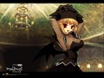  1girl arms_up bangs black_gloves black_hat black_skirt blonde_hair bodysuit breasts choker cleavage demon_girl elbow_gloves female gloves hair_ornament hairclip hat korean large_breasts looking_at_viewer mabinogi red_eyes see-through short_hair skirt smile solo succubus succubus_(mabinogi) wallpaper wings 