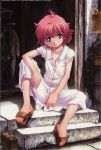  00s 1girl anita_king aqua_eyes bob_cut child dress feet flat_chest hands highres no_bra official_art outdoors pink_hair r.o.d_the_tv read_or_die redhead sandals scan short_hair sitting smile solo spread_legs stairs unbuttoned uon_taraku 