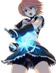  1girl belt brown_eyes clenched_hand crossover cure_black energy_sword from_below futari_wa_precure kamen_rider kamen_rider_black_rx kamen_rider_black_rx_(series) magical_girl misumi_nagisa orange_hair parody precure shorts_under_skirt solo sword weapon white_background 
